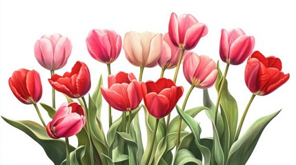Fototapeta premium Elegant Red and White Tulip Flowers | Botanical Art Illustration | Fine Floral Design on White Background