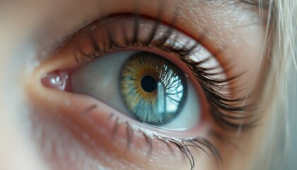 Fototapeta premium This stunning close-up captures the intricate details of a human eye, showcasing a blend of blue and golden tones that create a captivating gaze. The reflection of delicate tree branches adds depth