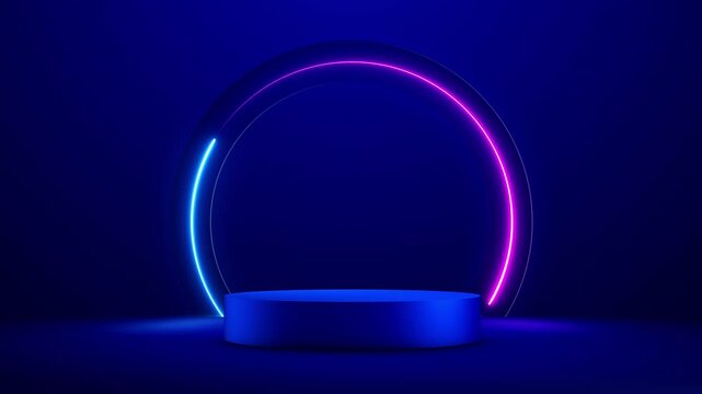 Abstract background podium with light neon. Blue 3d empty animation podium. Presentation commercial product stand, showcase background.