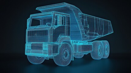 A futuristic, wireframe dump truck illuminated in blue against a dark background, showcasing a digital rendering of heavy machinery.