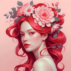 Naklejka premium Redhead Woman with Pink Flowers Crown