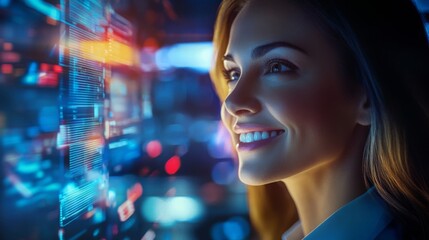 Woman engaged in exploring digital technology at night with vibrant data visualization in the background