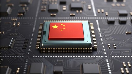 Trade wars disrupt global markets and economic stability. A microchip featuring the flag of China, set against a backdrop of intricate circuit patterns, symbolizing technology and innovation.