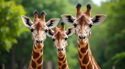 Obraz premium Three Curious Giraffes Interacting in a Vibrant, Green Zoo Habitat Filled with Tropical Plants and Natural Wildlife Surroundings