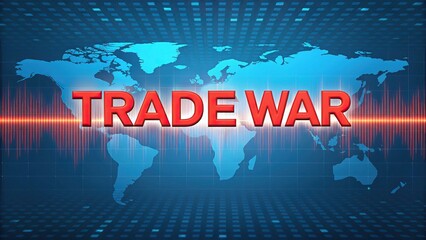 Trade wars disrupt global markets and economic stability. A digital graphic featuring a world map with the bold text "TRADE WAR" prominently displayed, symbolizing global economic tensions.
