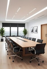 Fototapeta premium Modern Conference Room with Large Wooden Table and Black Leather Chairs