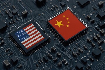 Trade wars disrupt global markets and economic stability. The image depicts a close-up view of a circuit board with a microchip displaying the flags of the USA and China