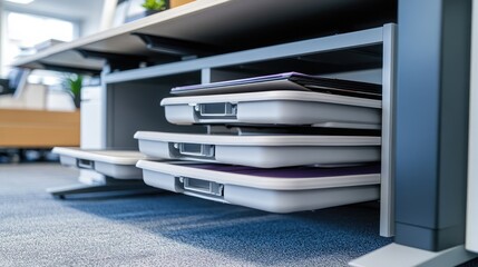 Stackable office drawer system installed under work desk with neat storage