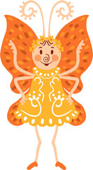 cartoon illustration of a butterfly in a dress and with a wreath of flowers 