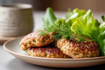 Planted based Lifestyle. A plate of golden-brown patties garnished with fresh dill, accompanied by crisp lettuce leaves, and a neutral-colored cup in the background.
