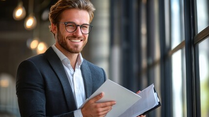 Professional man smiling while holding a document near a large window in a modern office setting during daylight hours