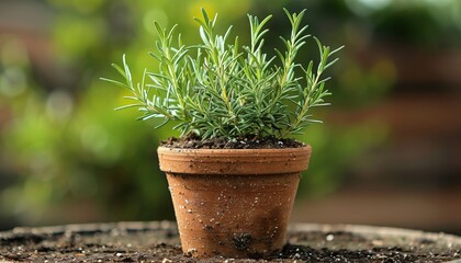 A small rosemary plant in a terracotta pot, set against a soft green background, highlighting its aromatic leaves.