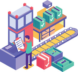  Isometric illustration of a warehouse worker inspecting packages and inventory, representing logistics, supply chain management, and efficient warehouse operations.