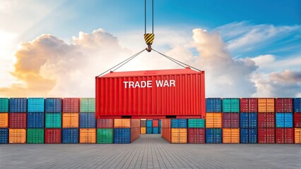 Trade wars disrupt global markets and economic stability. A red shipping container labeled "TRADE WAR" is being lifted by a crane, surrounded by colorful shipping containers under a bright sky.