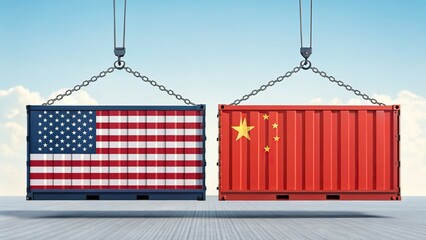 Trade wars disrupt global markets and economic stability. The image depicts two shipping containers, one adorned with the American flag and the other with the Chinese flag