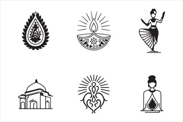 A set of minimal, black and white line art icons representing Indian culture and festivals