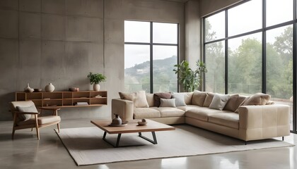 Fototapeta premium Modern Beige Leather Sectional Sofa in Minimalist Living Room with Concrete Walls and Large Windows
