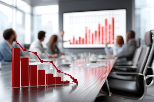 An office boardroom featuring a downward trending chart with business professionals in the background, showcasing economic decline, potential financial crisis, and market volatility. - Powered by Adobe