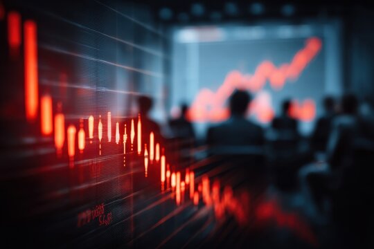 A dramatic stock market crash visualized in a meeting room, with an ominous red graph dominating the scene and the silhouette of business people watching. - Powered by Adobe