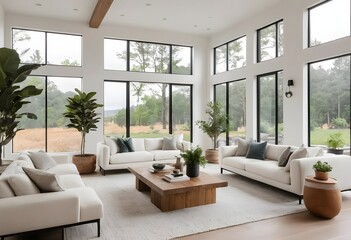 Fototapeta premium Modern Farmhouse Living Room with Large Windows and Natural Light