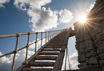 Fototapeta premium Stone Staircase to Heaven with Rope Railing