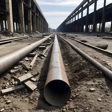 Large Metal Pipes Laid Along Abandoned Railway Tracks