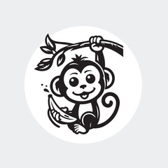 Cute Cartoon Monkey Hanging on Branch with Banana Vector Illustration.