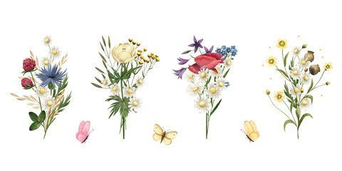 Watercolor bouquet of wild flowers, grass, butterfly. Illustration poppy, chamomile, clover, buttercup, cornflower, ranunculus, tansy, globeflower hand drawn for cards, greeting, cosmetics, products