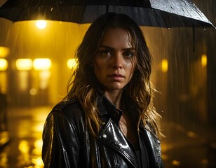 Woman in Leather Jacket Under Umbrella in Rain