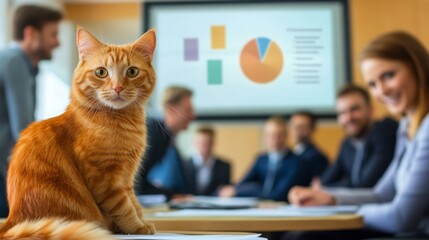 Orange tabby cat participates in a business meeting surrounded by professionals in a modern office setting