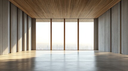 Modern room overlooks city through large windows with natural light
