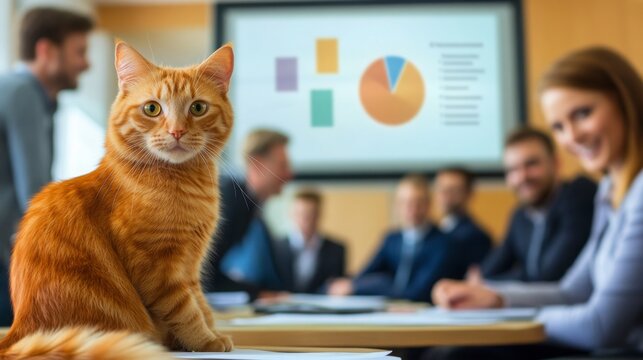 Orange tabby cat participates in a business meeting surrounded by professionals in a modern office setting
