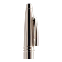 Sleek and polished silver metal pen with a modern clip design placed upright