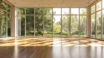 Fototapeta premium bright and airy yoga studio with wooden floors large windows and minimalist design ideal for healthy living dance classes exercise space and peaceful workouts