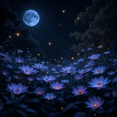 Naklejka premium Nighttime flower field under a full moon, glowing with bioluminescence