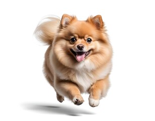 Obraz premium Happy Pomeranian Dog Running, Jumping, White Background