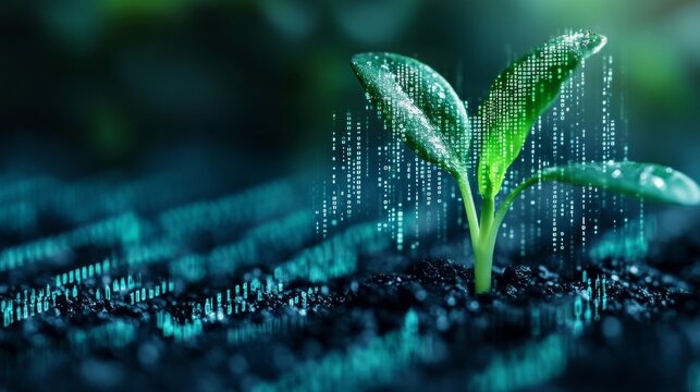 Digital growth: sprout with binary code rain data analysis charts and predictive algorithm visualization emerging from the soil background 