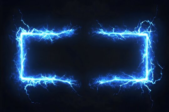 Neon blue electric rectangle frame glowing on dark background with copy space for thunder, lightning, plasma, science, energy, power design
