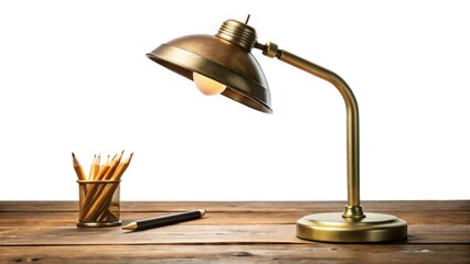 Vintage Office Desk Lamp, Antique Brass Lamp, Wooden Table, Pencil, Retro Workspace, Still Life Photography, Aged Brass, Vintage Decor, Classic Office