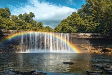 Obraz premium Majestic waterfall with vibrant rainbow at serene natural setting in daylight