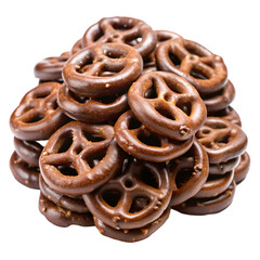 Pile of dark chocolate pretzels isolated on transparent background