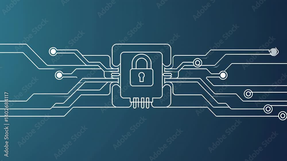 Poster Padlock icon symbolizes digital security within an animated circuit design, representing data encryption and protection against cyber threats, on a gradient blue background