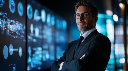 Business professional stands confidently in a modern tech office, showcasing advanced digital displays and analytics at night