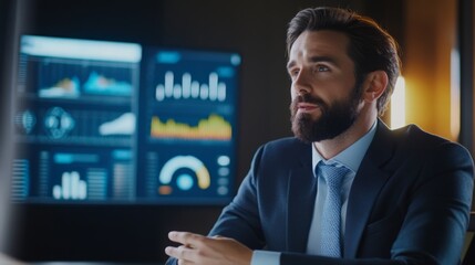 Business professional engaging in strategic planning in a modern office setting with data analytics on display