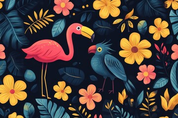 Flamingo and Parrot Tropical Floral Design Dark Background