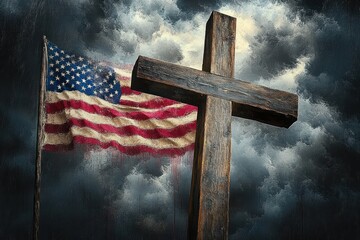 Wooden Cross American Flag Under Stormy Sky Chiaroscuro Light
