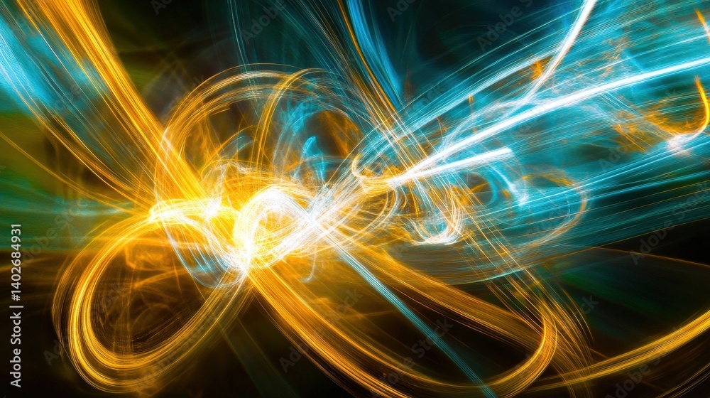 Poster a vibrant abstract image featuring swirling patterns of blue and orange light against a dark backgro