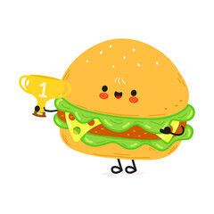 A delightful cartoon Burger proudly holding a golden trophy, celebrating a win with a happy smile.