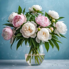 Obraz premium Elegant Bouquet of Pink and White Peonies in Glass Vase