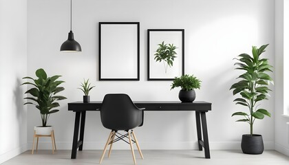 Modern Home Office Workspace with Black Desk and Plants